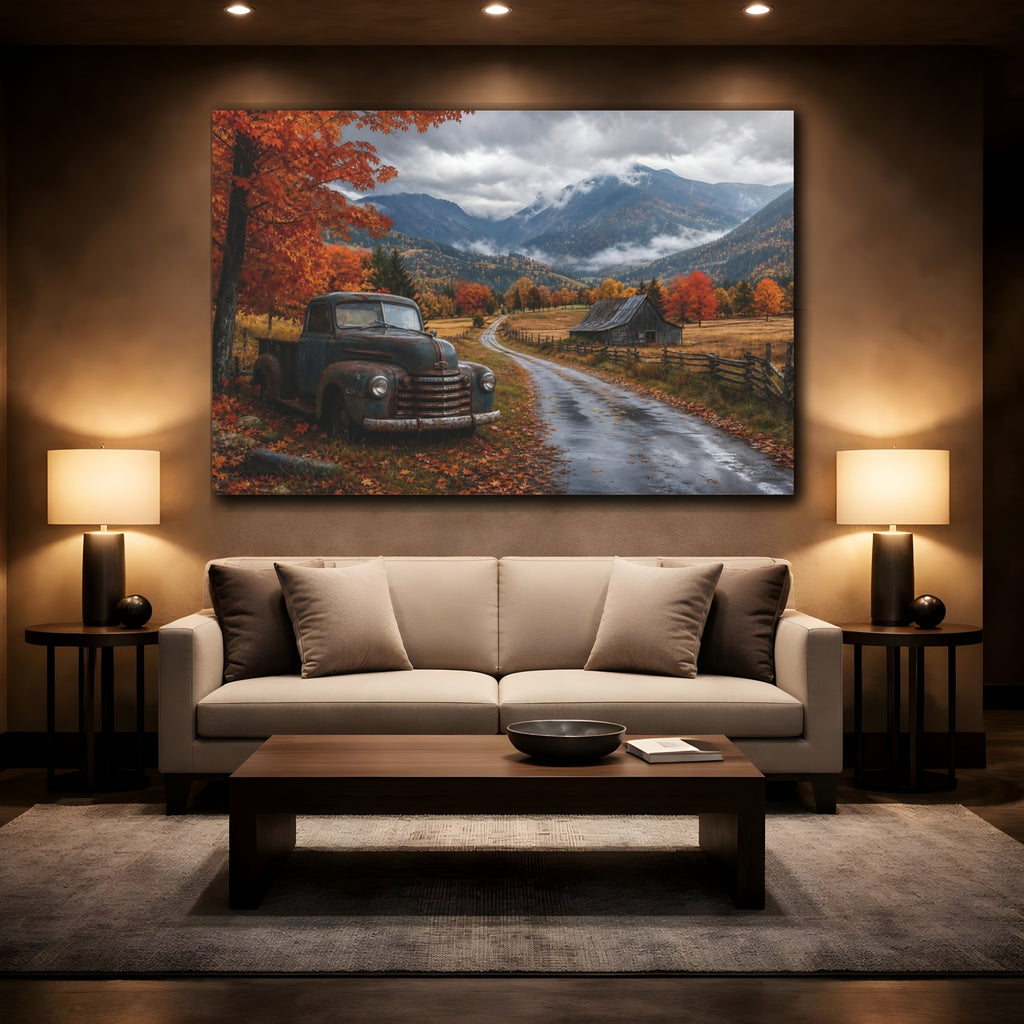 Mockup 2. Nature Old Truck Autumn Landscape Truck shown as stretched canvas wall art