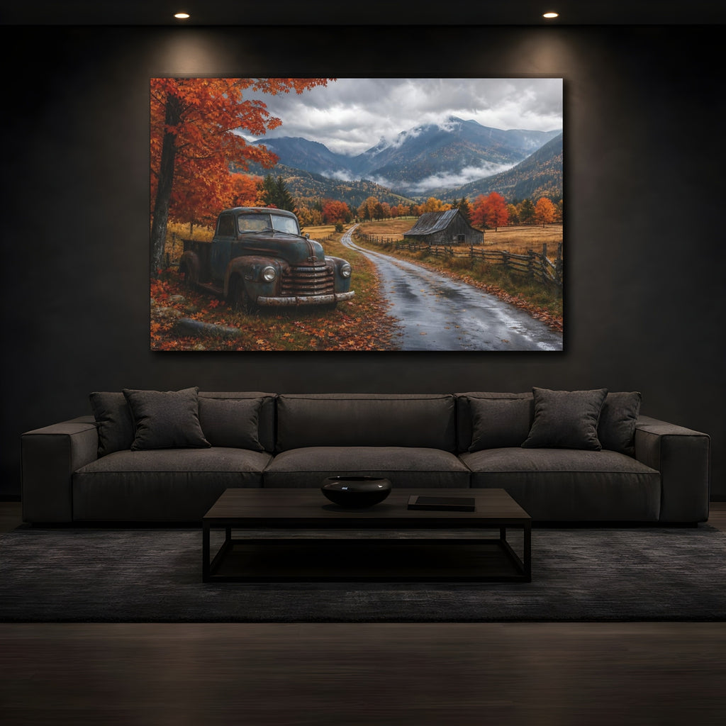 Mockup 3. Nature Old Truck Autumn Landscape Truck shown as stretched canvas wall art