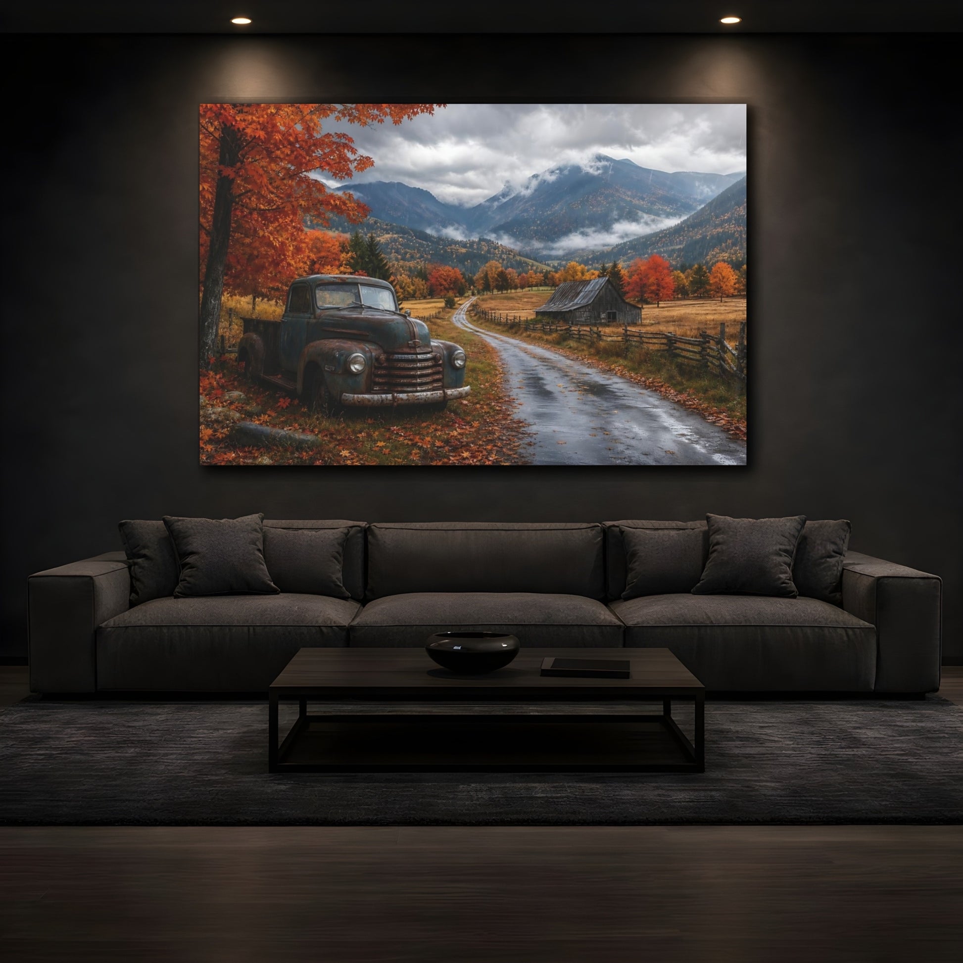 Mockup 3. Nature Old Truck Autumn Landscape Truck shown as stretched canvas wall art