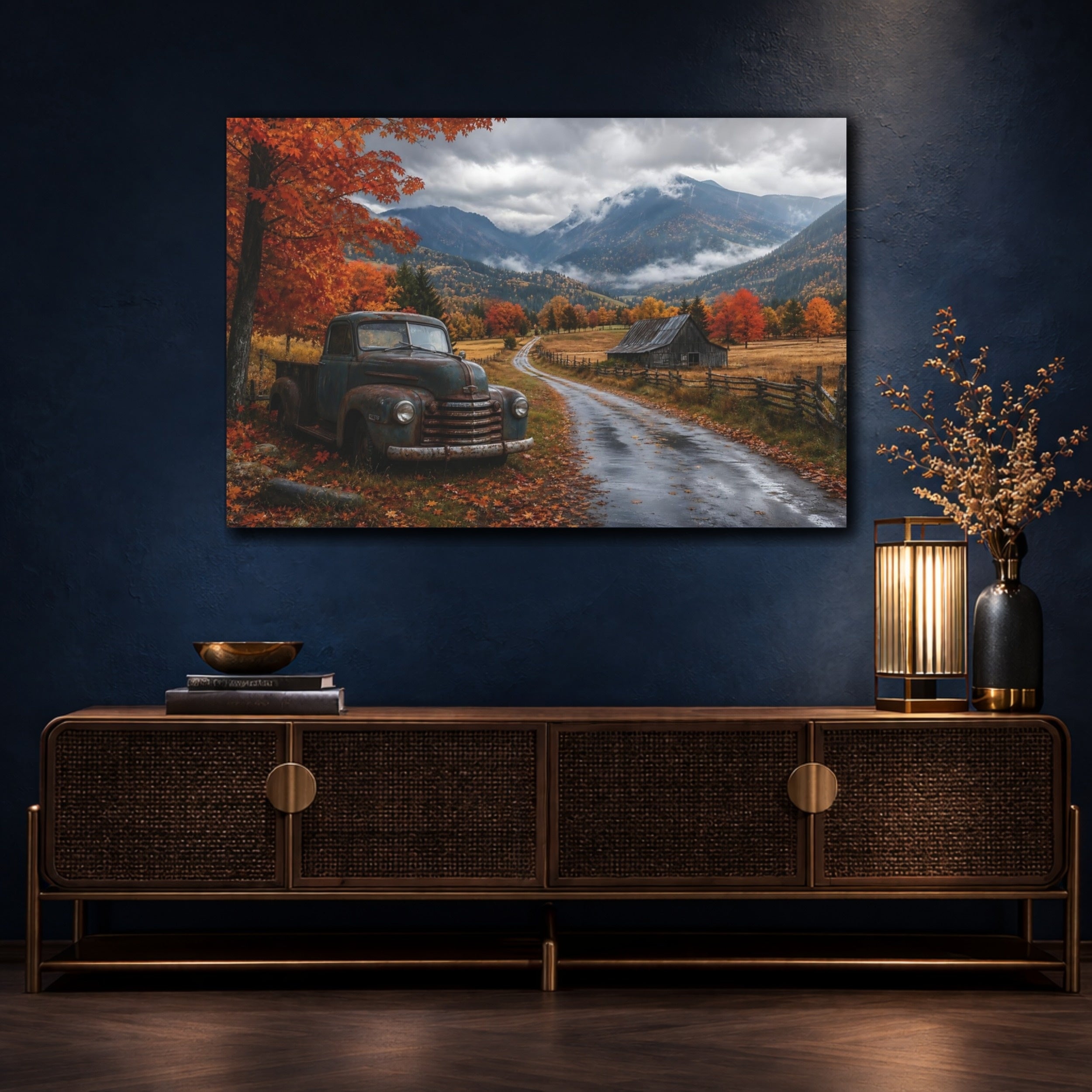Mockup 4. Nature Old Truck Autumn Landscape Truck shown as stretched canvas wall art