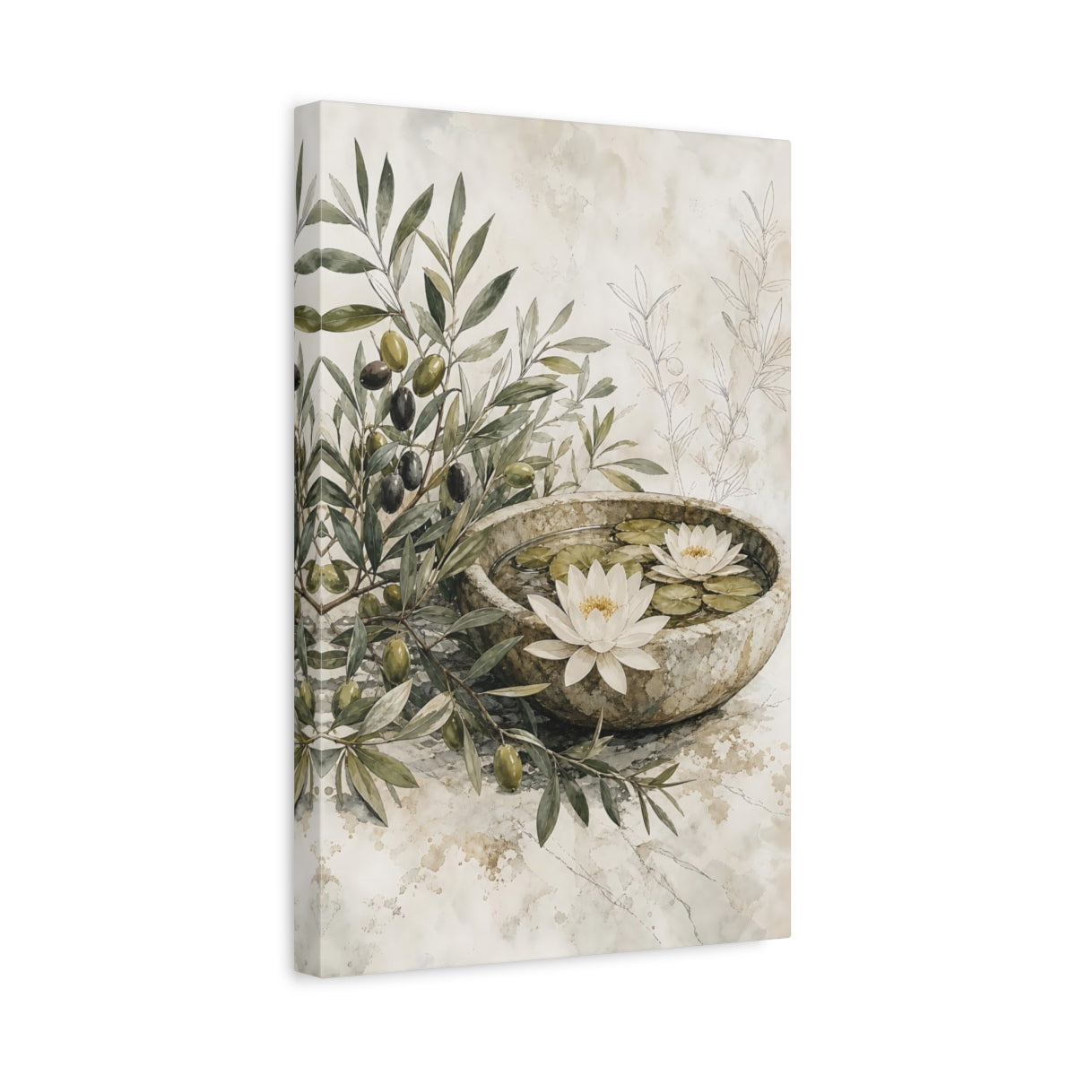 Side Mockup 4. Nature Olive Branches Olive And Beige shown as stretched canvas wall art
