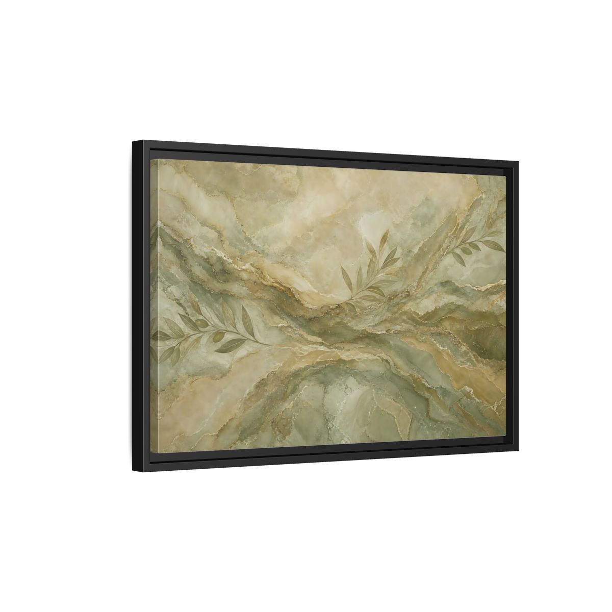 Side Mockup 3. Nature Olive Branches Green And Gold Marble shown as stretched canvas wall art
