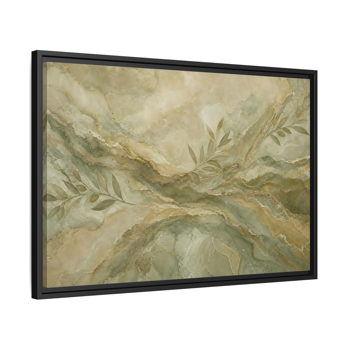 Side Mockup 14. Nature Olive Branches Green And Gold Marble shown as stretched canvas wall art