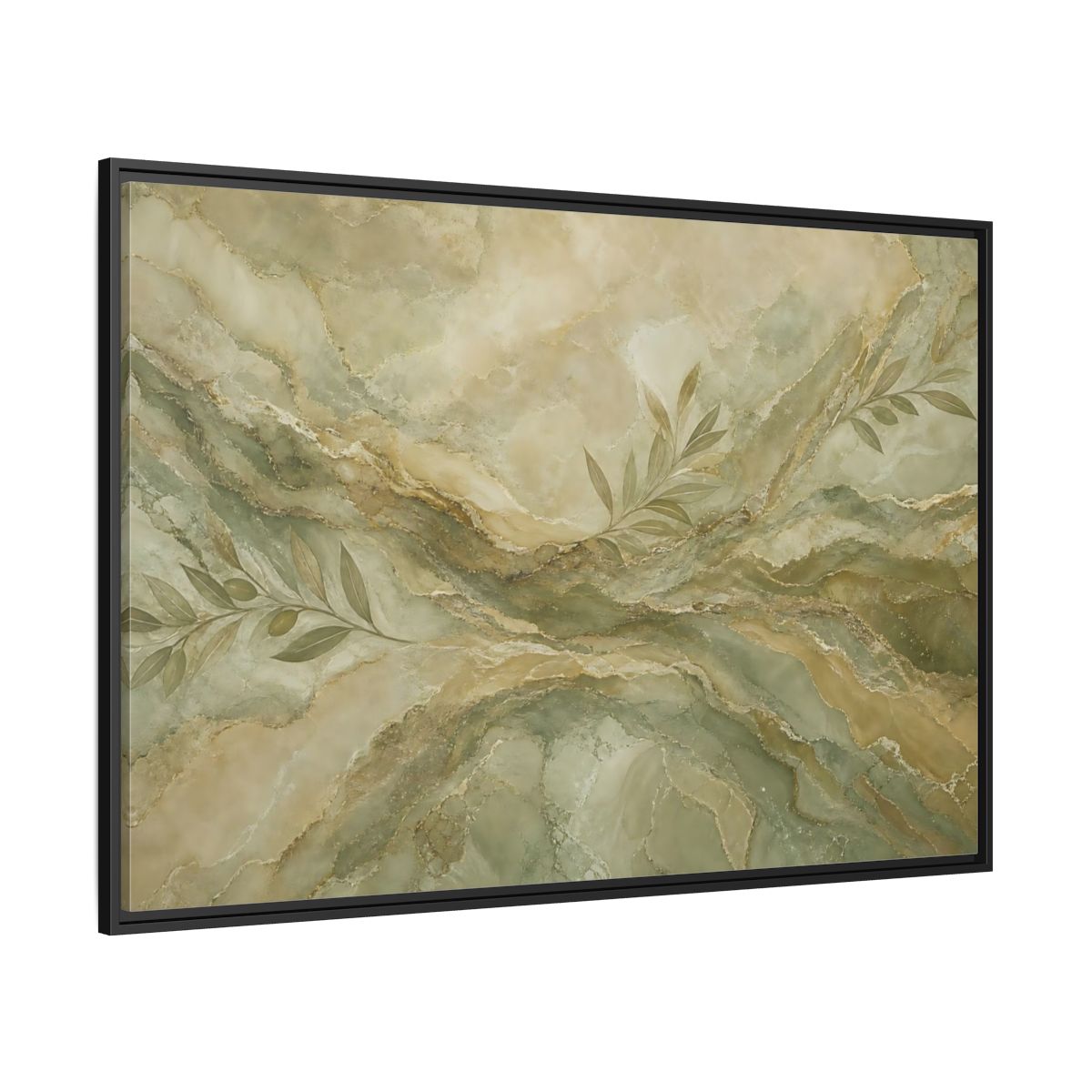 Side Mockup 12. Nature Olive Branches Green And Gold Marble shown as stretched canvas wall art