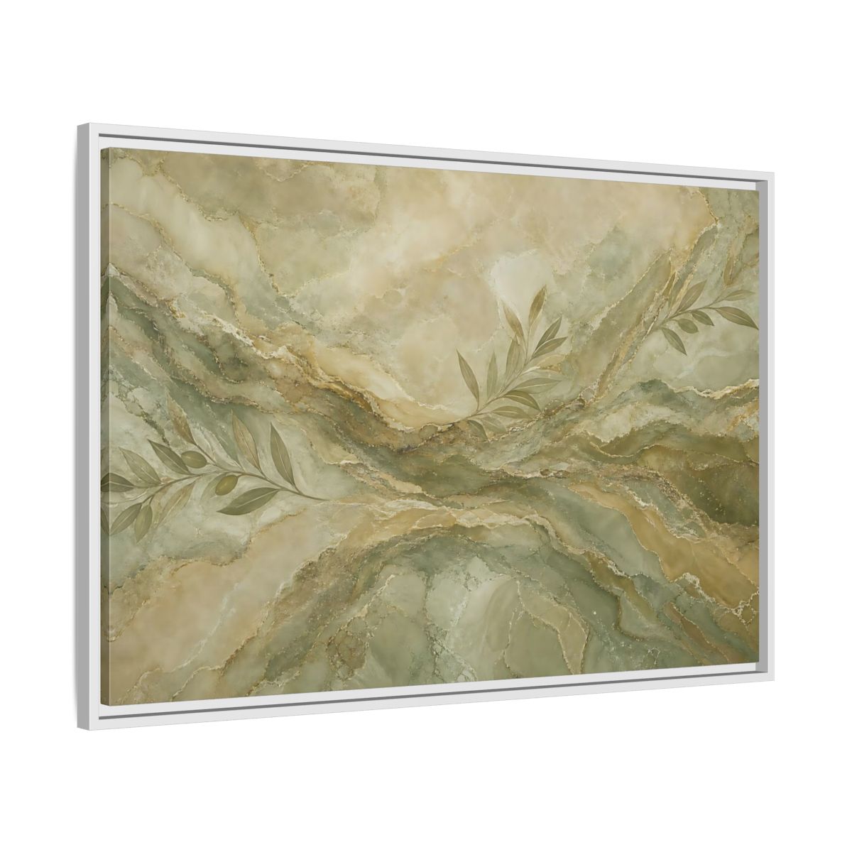 Side Mockup 9. Nature Olive Branches Green And Gold Marble shown as stretched canvas wall art