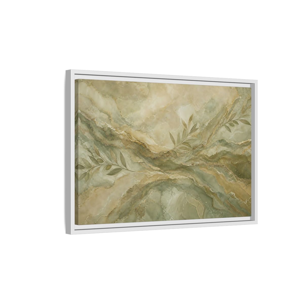 Side Mockup 1. Nature Olive Branches Green And Gold Marble shown as stretched canvas wall art