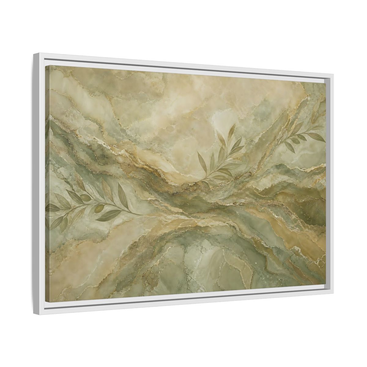 Side Mockup 10. Nature Olive Branches Green And Gold Marble shown as stretched canvas wall art