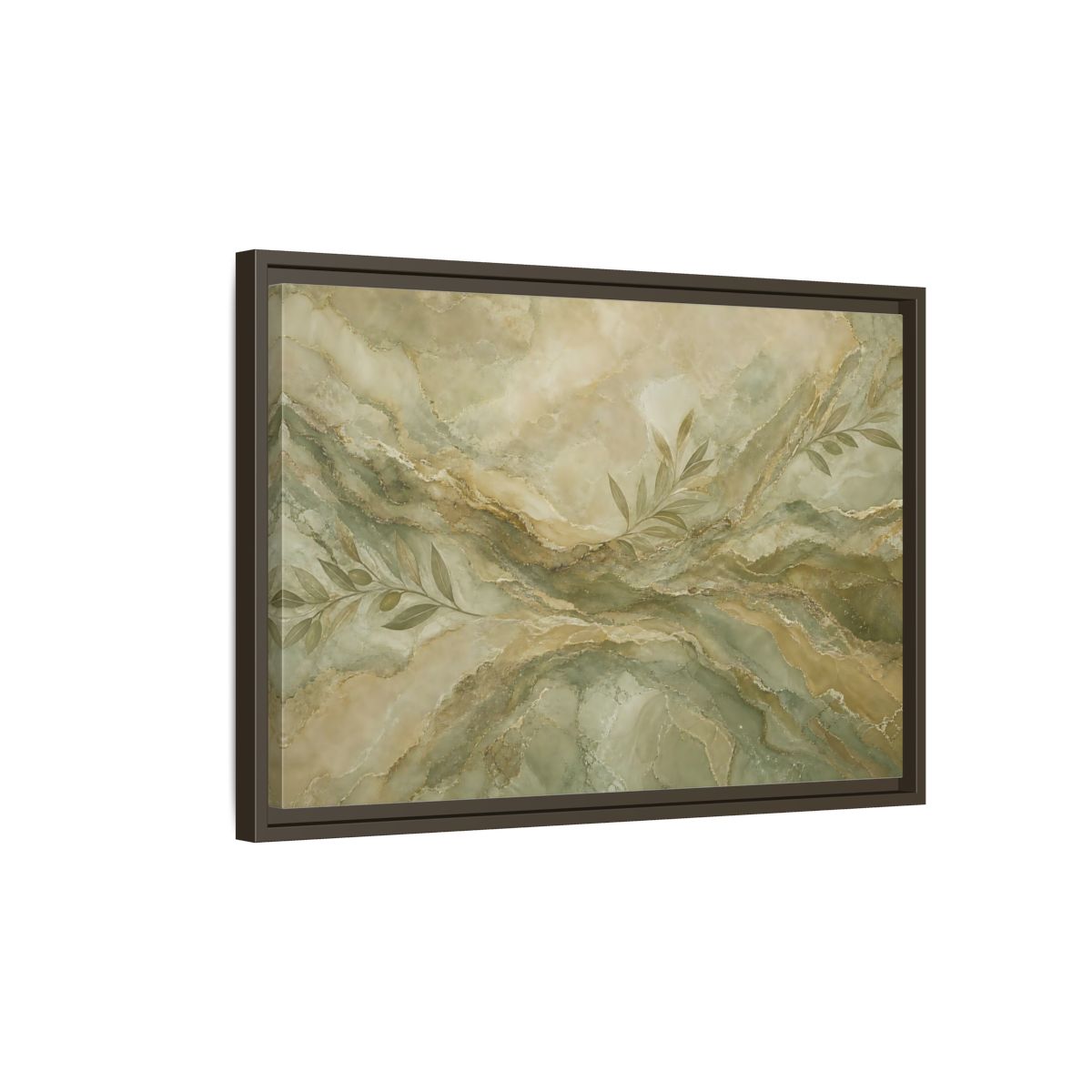 Side Mockup 2. Nature Olive Branches Green And Gold Marble shown as stretched canvas wall art