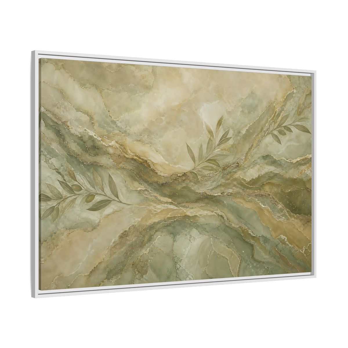 Side Mockup 7. Nature Olive Branches Green And Gold Marble shown as stretched canvas wall art