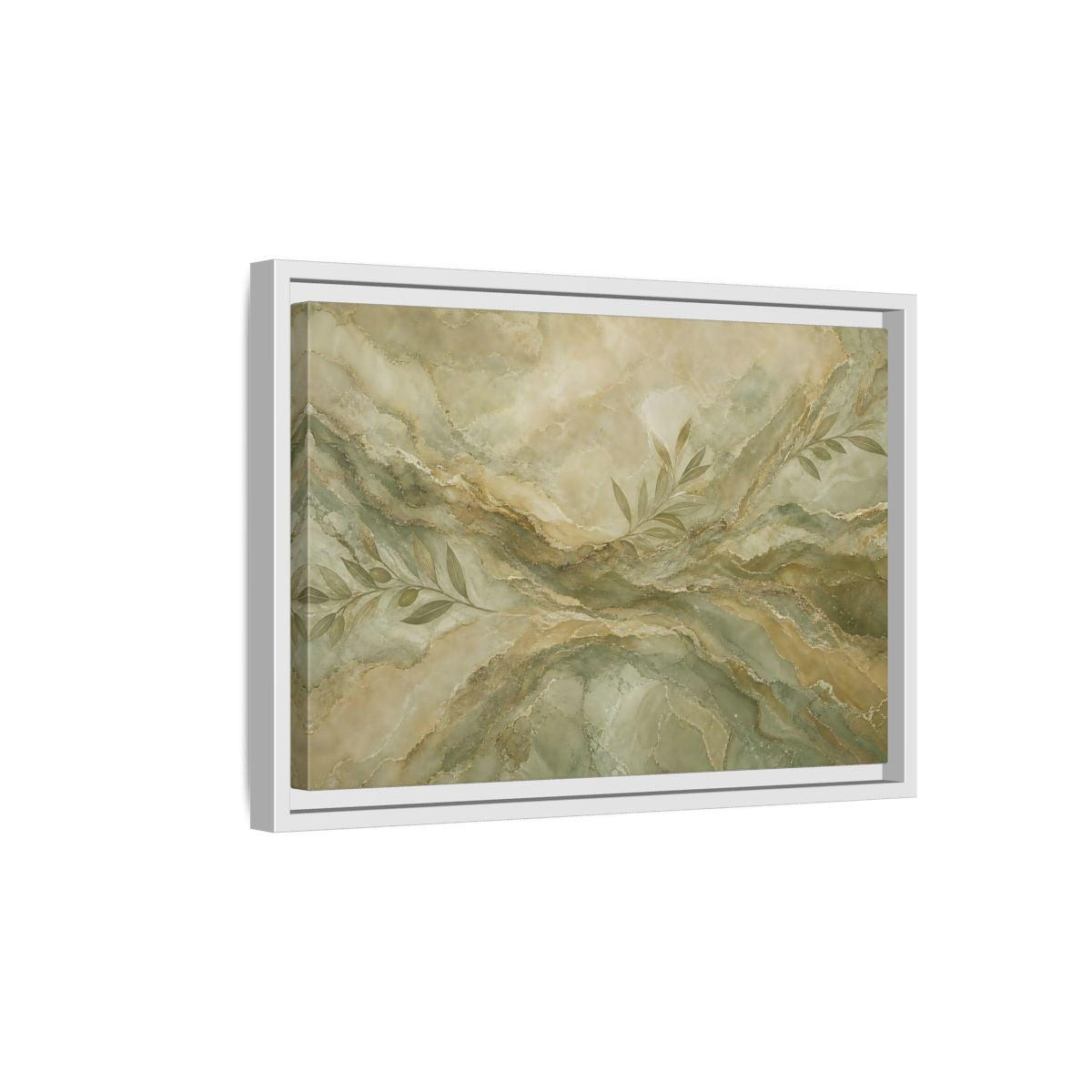Side Mockup 4. Nature Olive Branches Green And Gold Marble shown as stretched canvas wall art