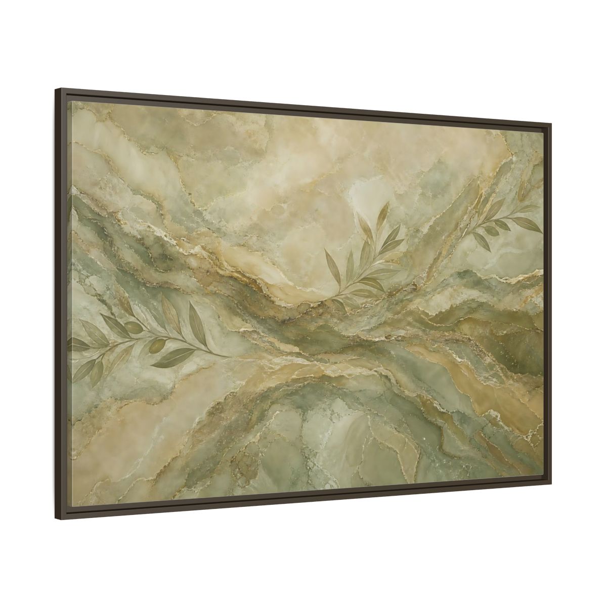 Side Mockup 8. Nature Olive Branches Green And Gold Marble shown as stretched canvas wall art