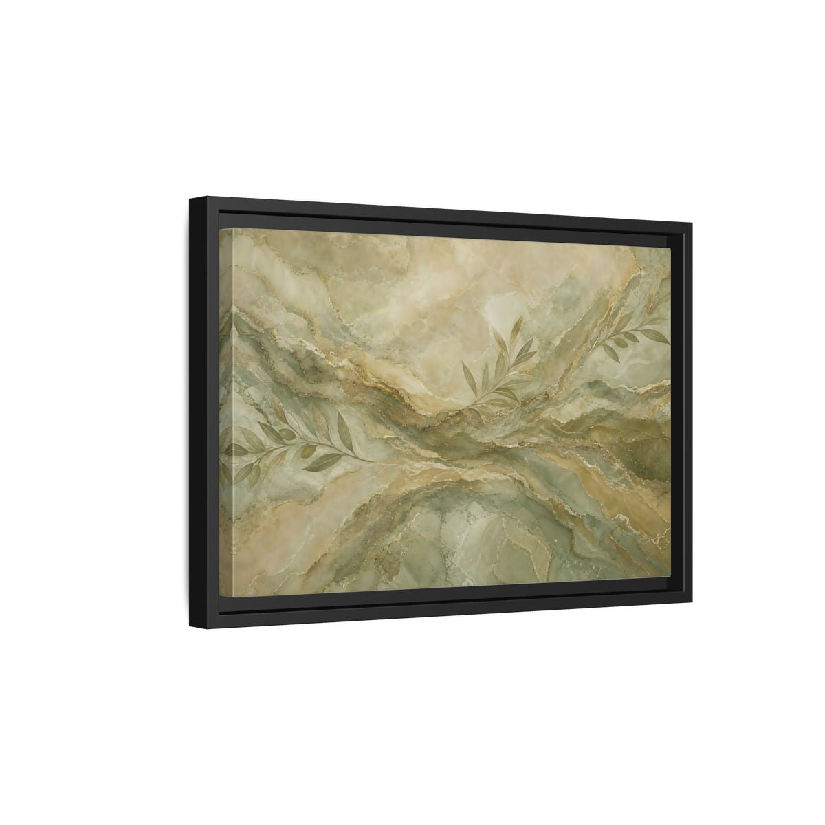 Side Mockup 6. Nature Olive Branches Green And Gold Marble shown as stretched canvas wall art