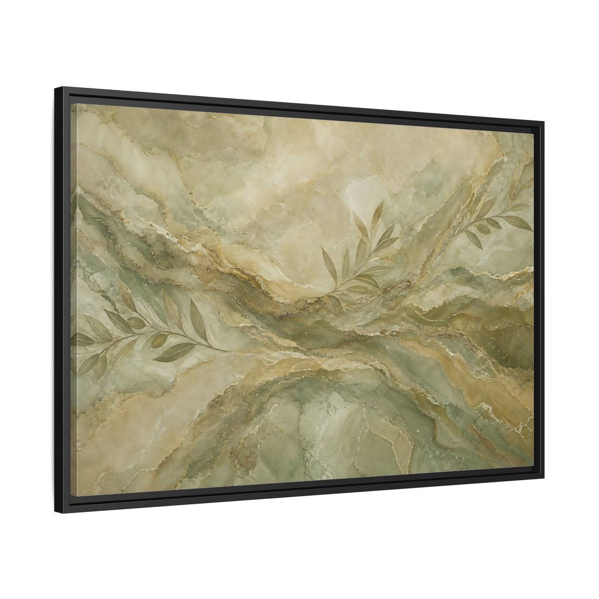 Side Mockup 13. Nature Olive Branches Green And Gold Marble shown as stretched canvas wall art