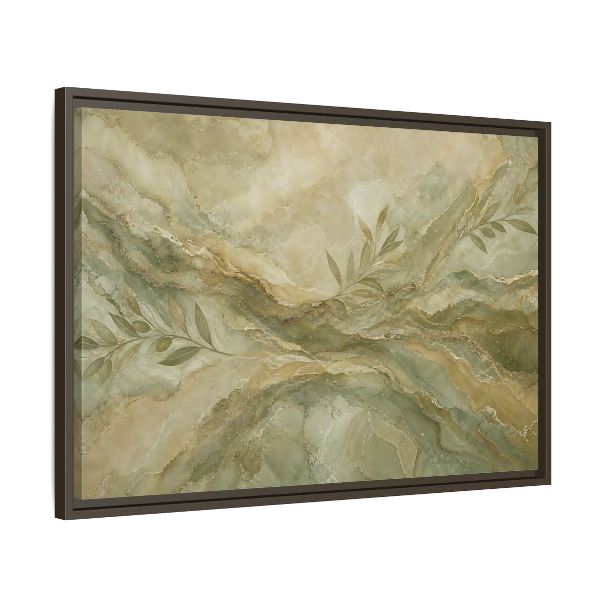 Side Mockup 11. Nature Olive Branches Green And Gold Marble shown as stretched canvas wall art