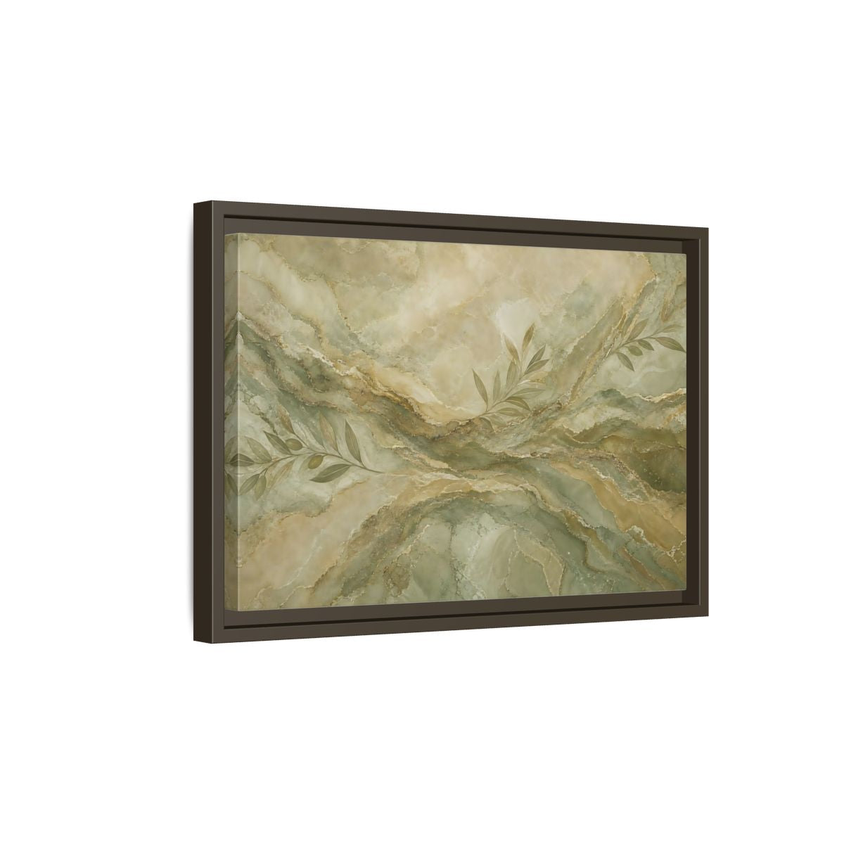 Side Mockup 5. Nature Olive Branches Green And Gold Marble shown as stretched canvas wall art