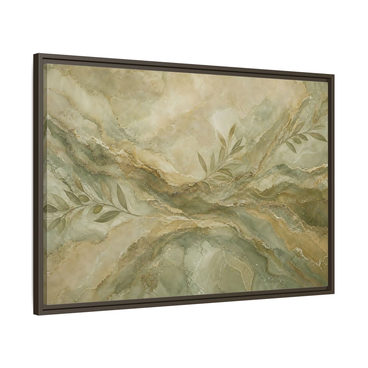 Main Mockup. Nature Olive Branches Green And Gold Marble shown as stretched canvas wall art