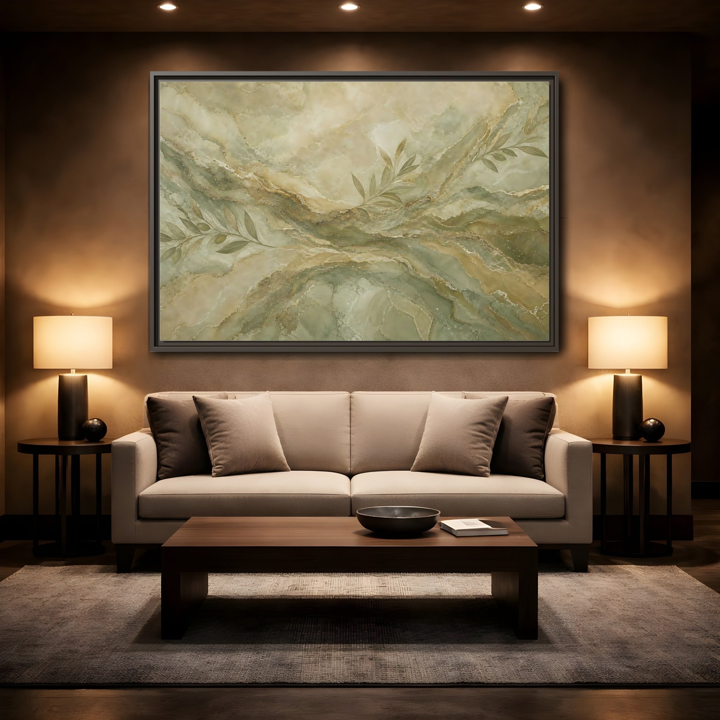 Mockup 2. Nature Olive Branches Green And Gold Marble shown as stretched canvas wall art