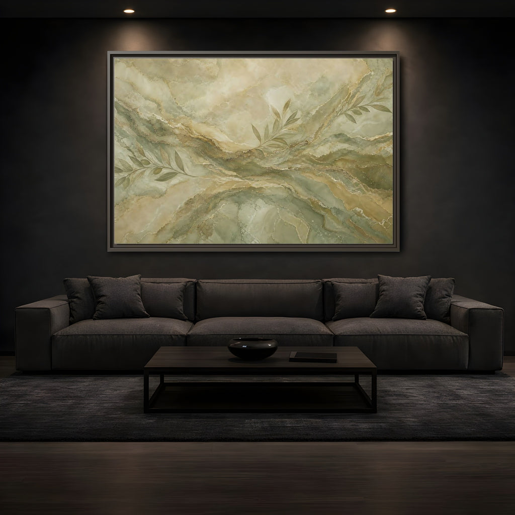 Mockup 3. Nature Olive Branches Green And Gold Marble shown as stretched canvas wall art