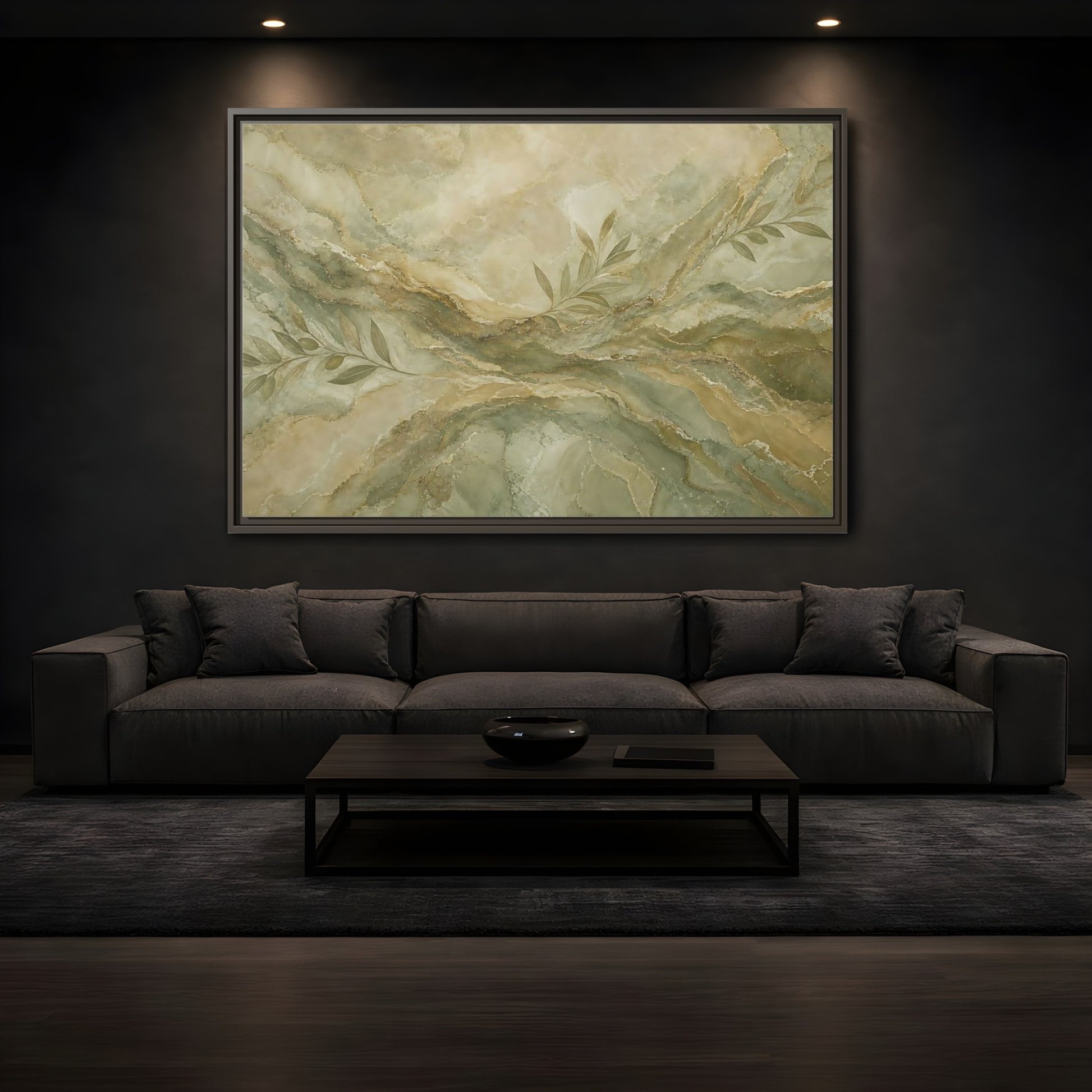 Mockup 3. Nature Olive Branches Green And Gold Marble shown as stretched canvas wall art
