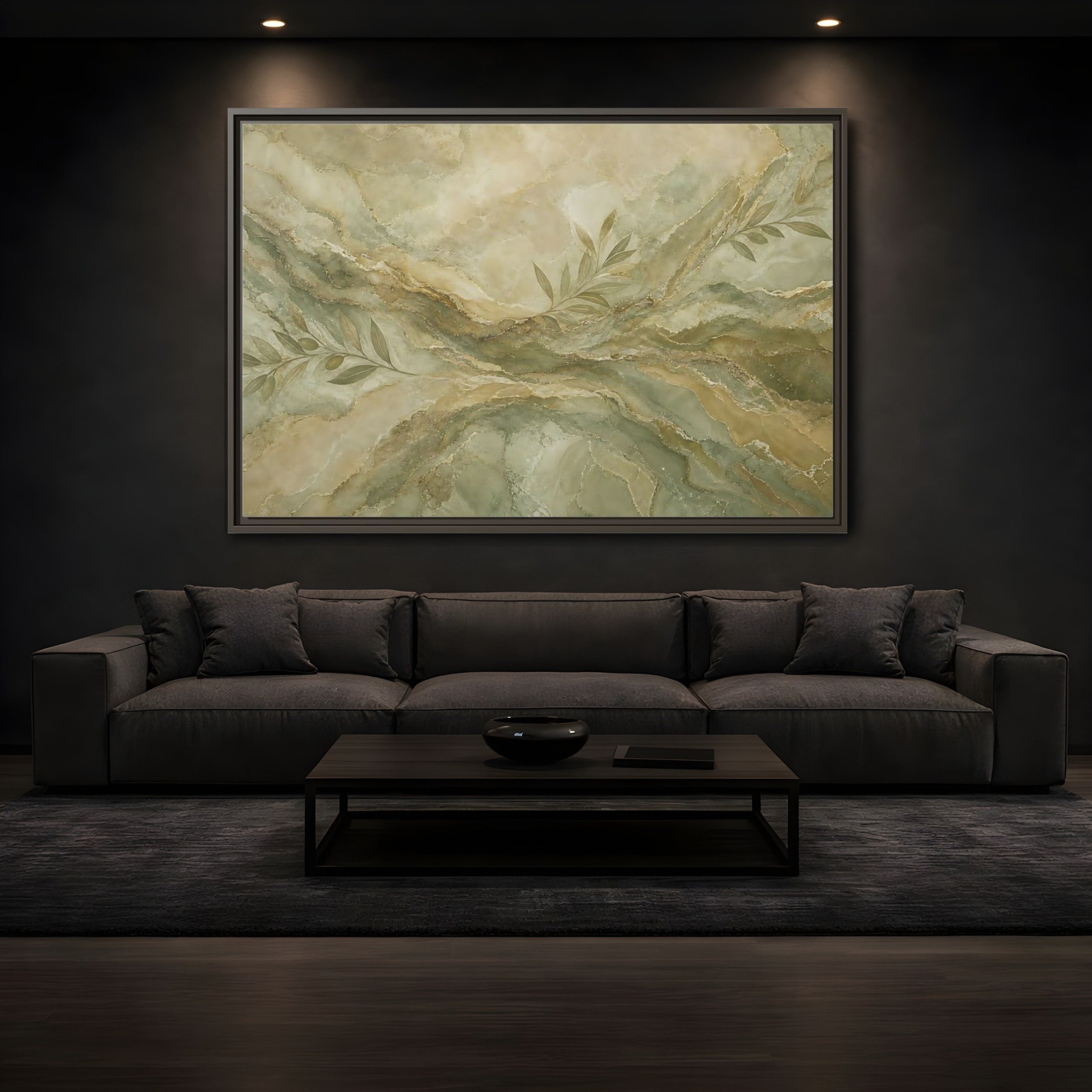 Mockup 3. Nature Olive Branches Green And Gold Marble shown as stretched canvas wall art