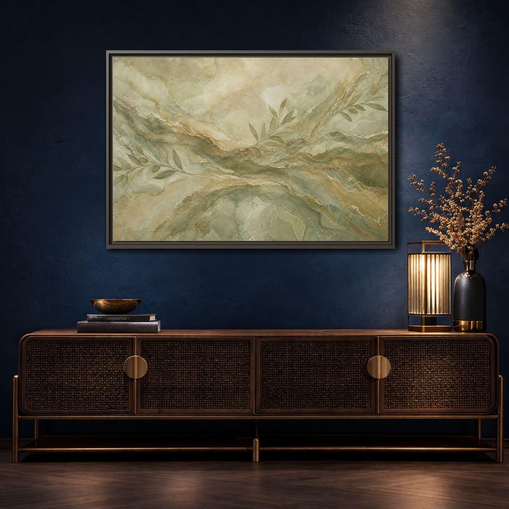 Mockup 4. Nature Olive Branches Green And Gold Marble shown as stretched canvas wall art
