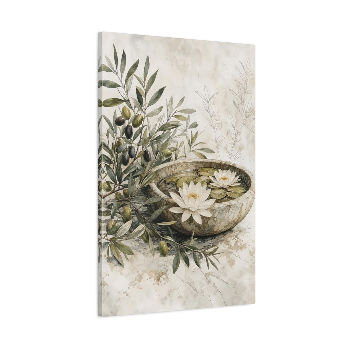Main Mockup. Nature Olive Branches Olive And Beige shown as stretched canvas wall art