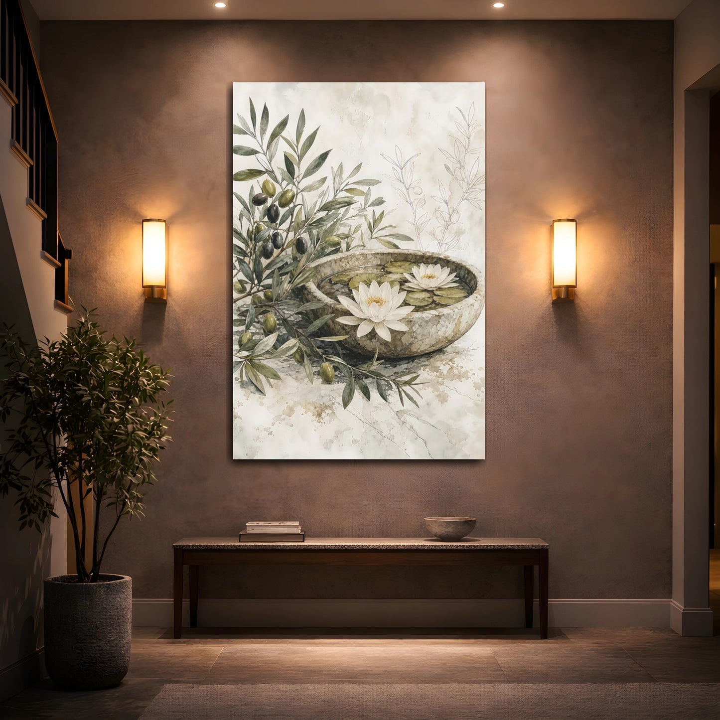 Mockup 2. Nature Olive Branches Olive And Beige shown as stretched canvas wall art