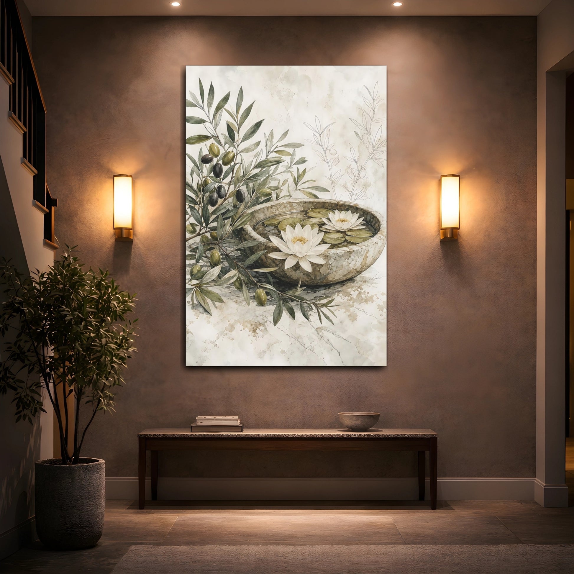 Mockup 2. Nature Olive Branches Olive And Beige shown as stretched canvas wall art