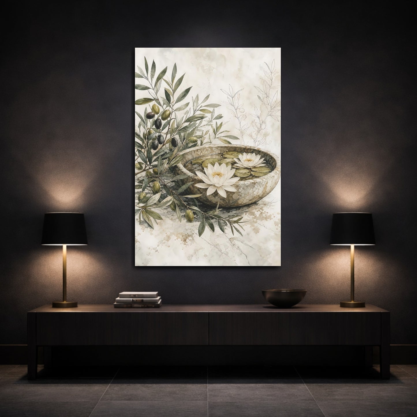 Mockup 3. Nature Olive Branches Olive And Beige shown as stretched canvas wall art