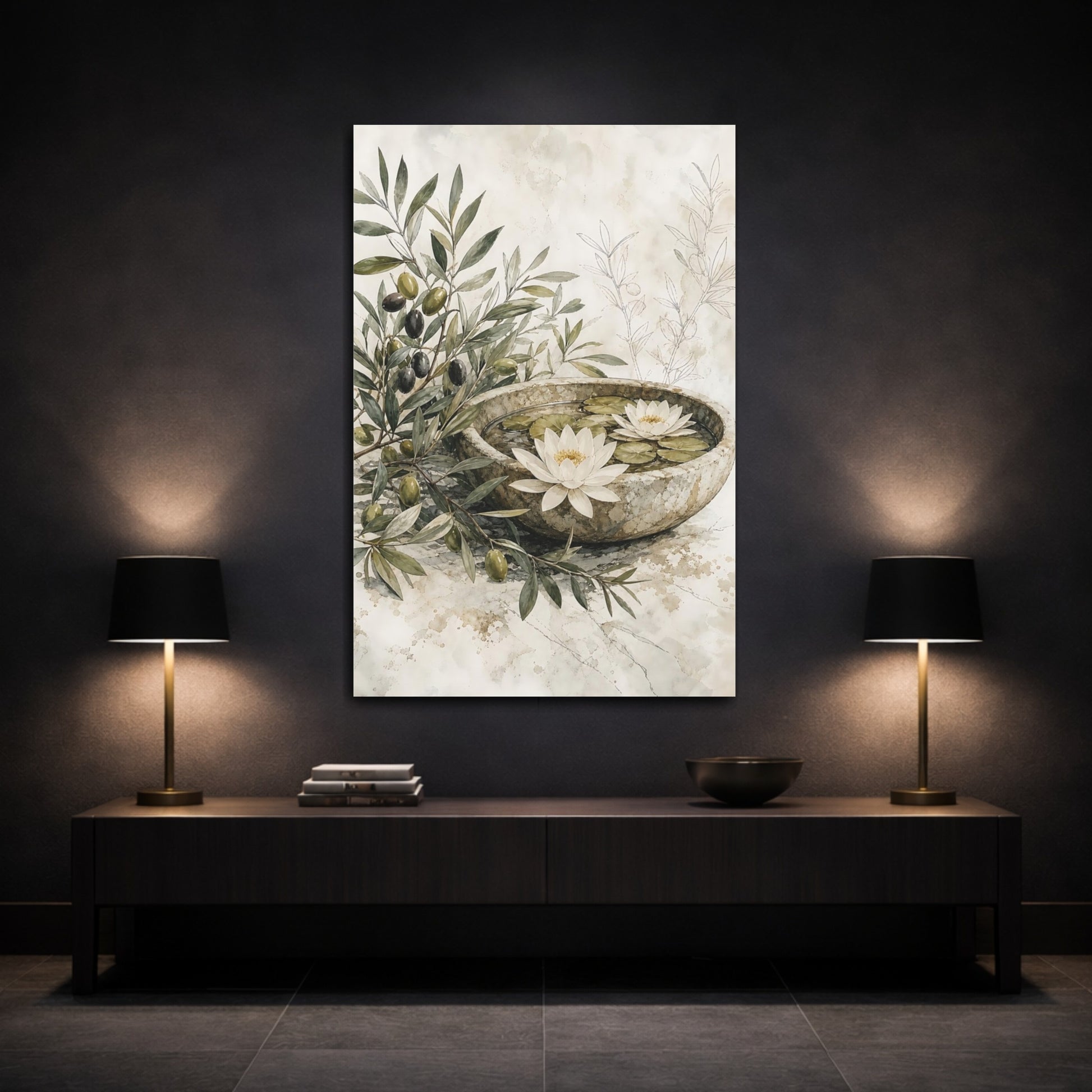 Mockup 3. Nature Olive Branches Olive And Beige shown as stretched canvas wall art