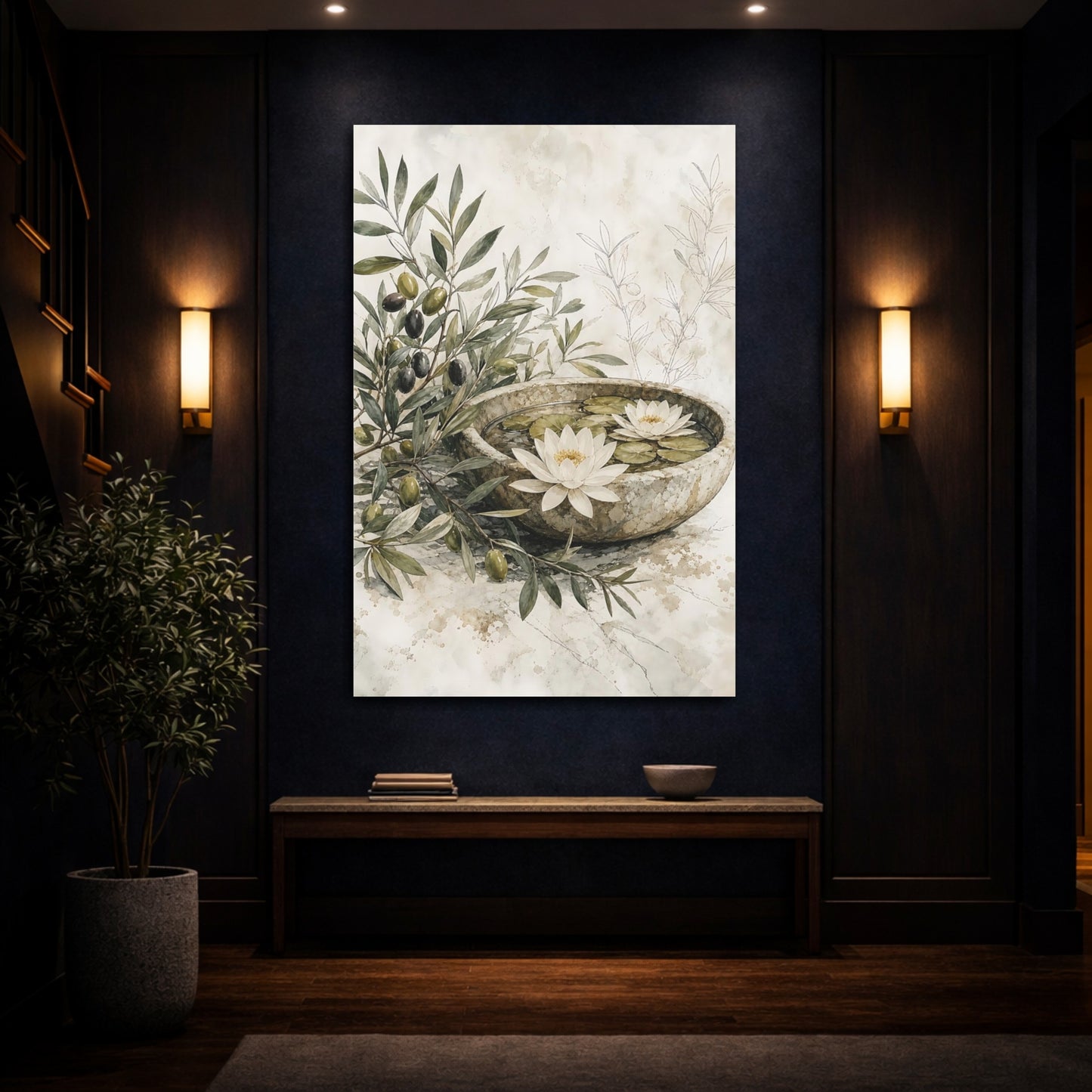 Mockup 4. Nature Olive Branches Olive And Beige shown as stretched canvas wall art