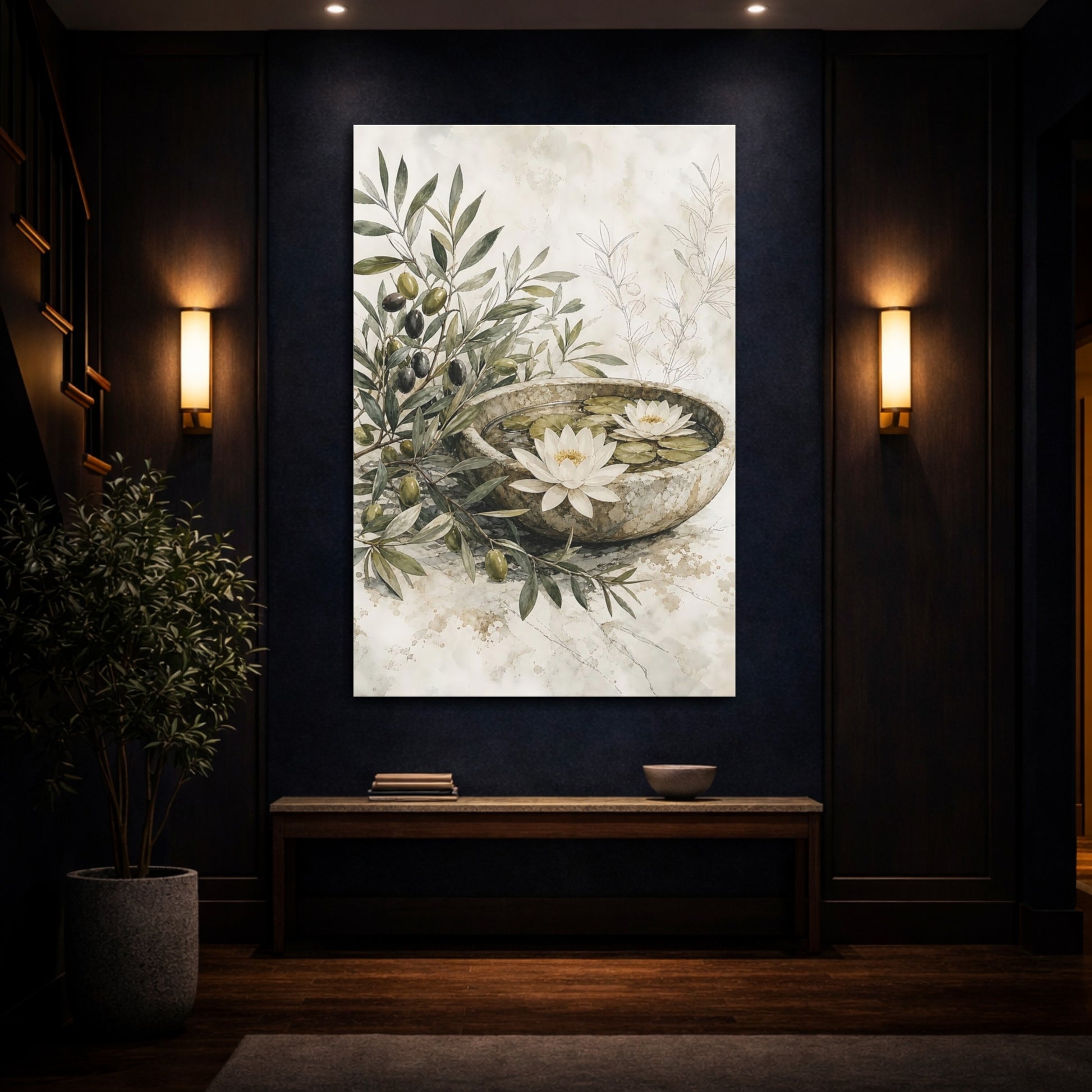 Mockup 4. Nature Olive Branches Olive And Beige shown as stretched canvas wall art