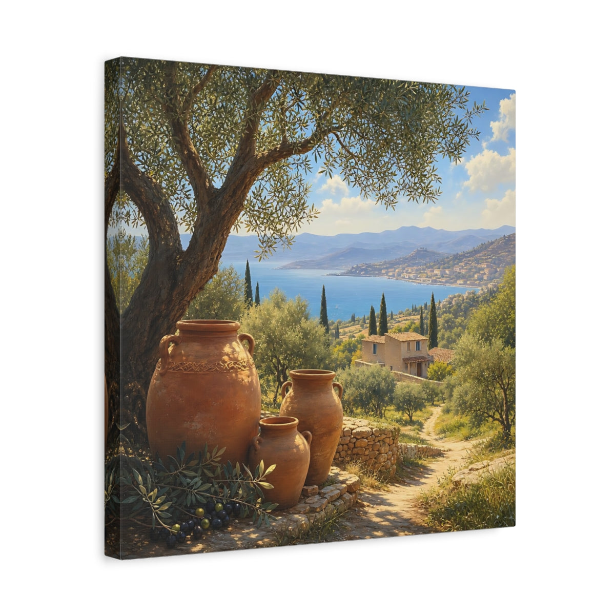 Side Mockup 6. Nature Olive Grove Green And Brown Landscape shown as stretched canvas wall art