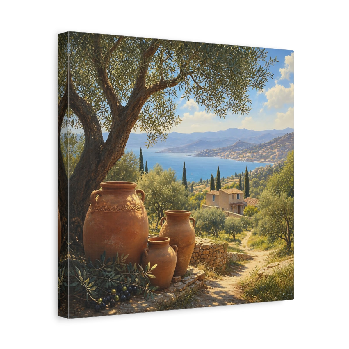 Side Mockup 7. Nature Olive Grove Green And Brown Landscape shown as stretched canvas wall art