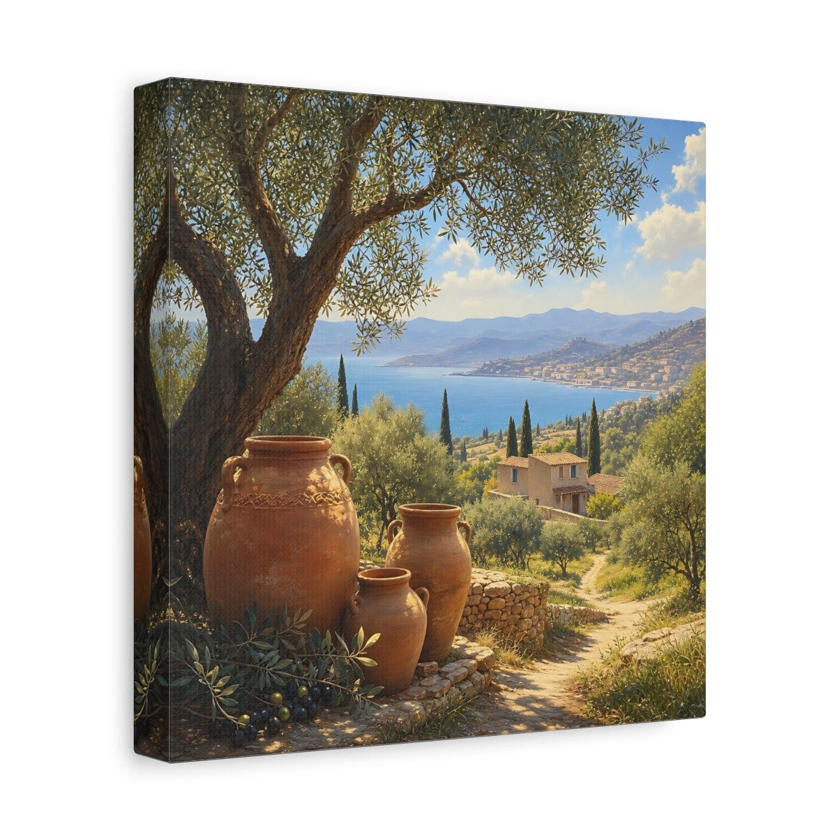 Side Mockup 9. Nature Olive Grove Green And Brown Landscape shown as stretched canvas wall art