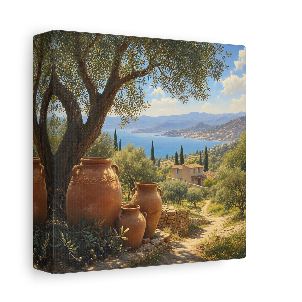 Side Mockup 2. Nature Olive Grove Green And Brown Landscape shown as stretched canvas wall art