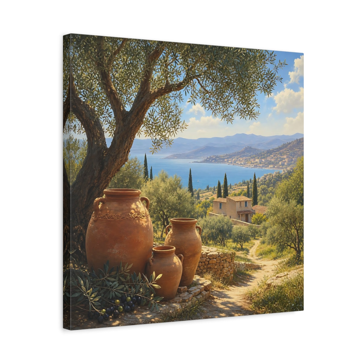 Side Mockup 5. Nature Olive Grove Green And Brown Landscape shown as stretched canvas wall art