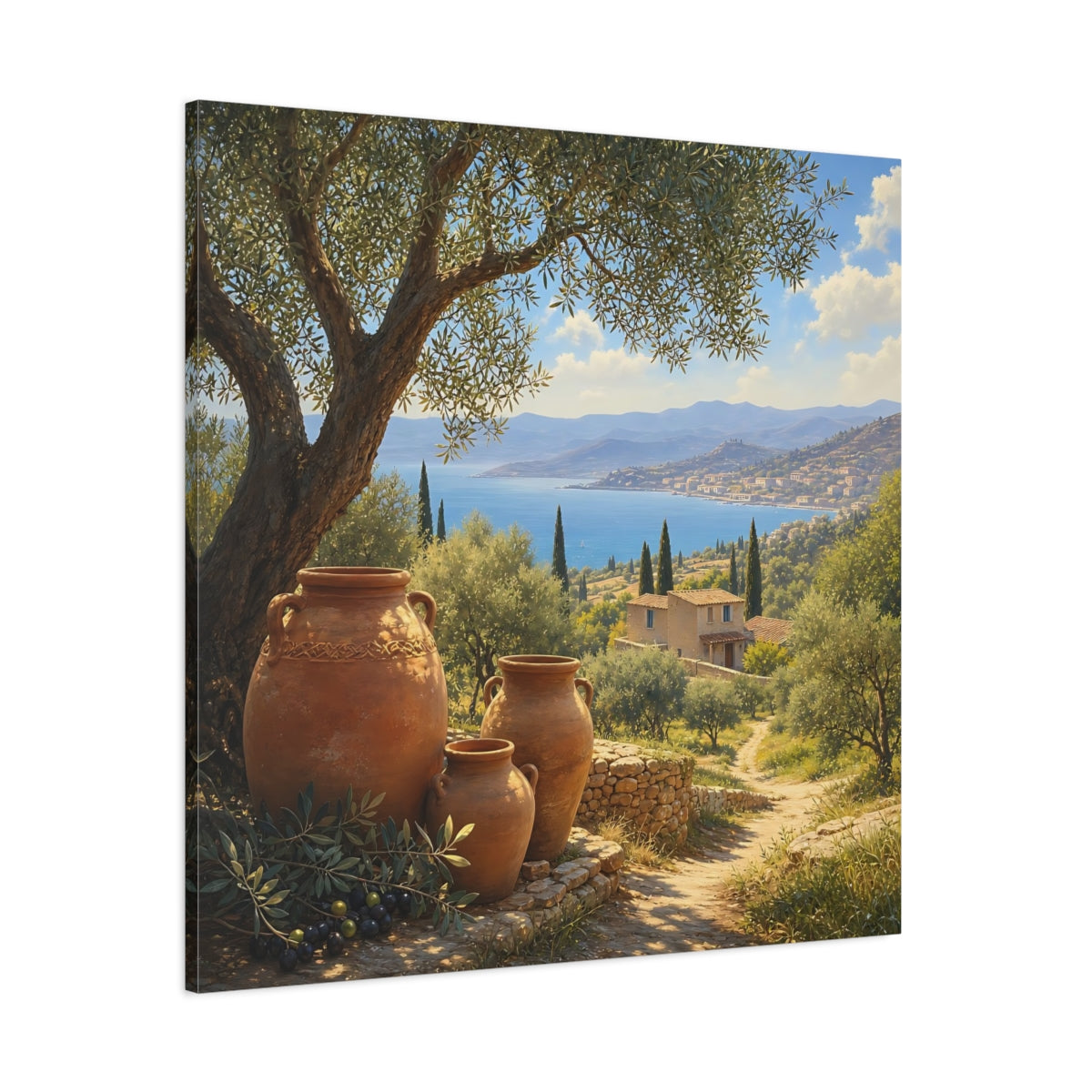 Side Mockup 1. Nature Olive Grove Green And Brown Landscape shown as stretched canvas wall art