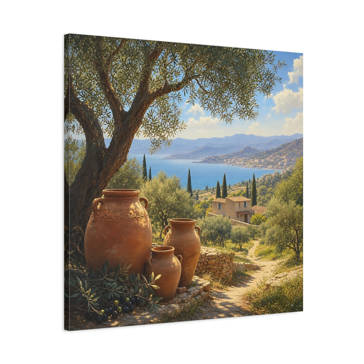 Side Mockup 3. Nature Olive Grove Green And Brown Landscape shown as stretched canvas wall art