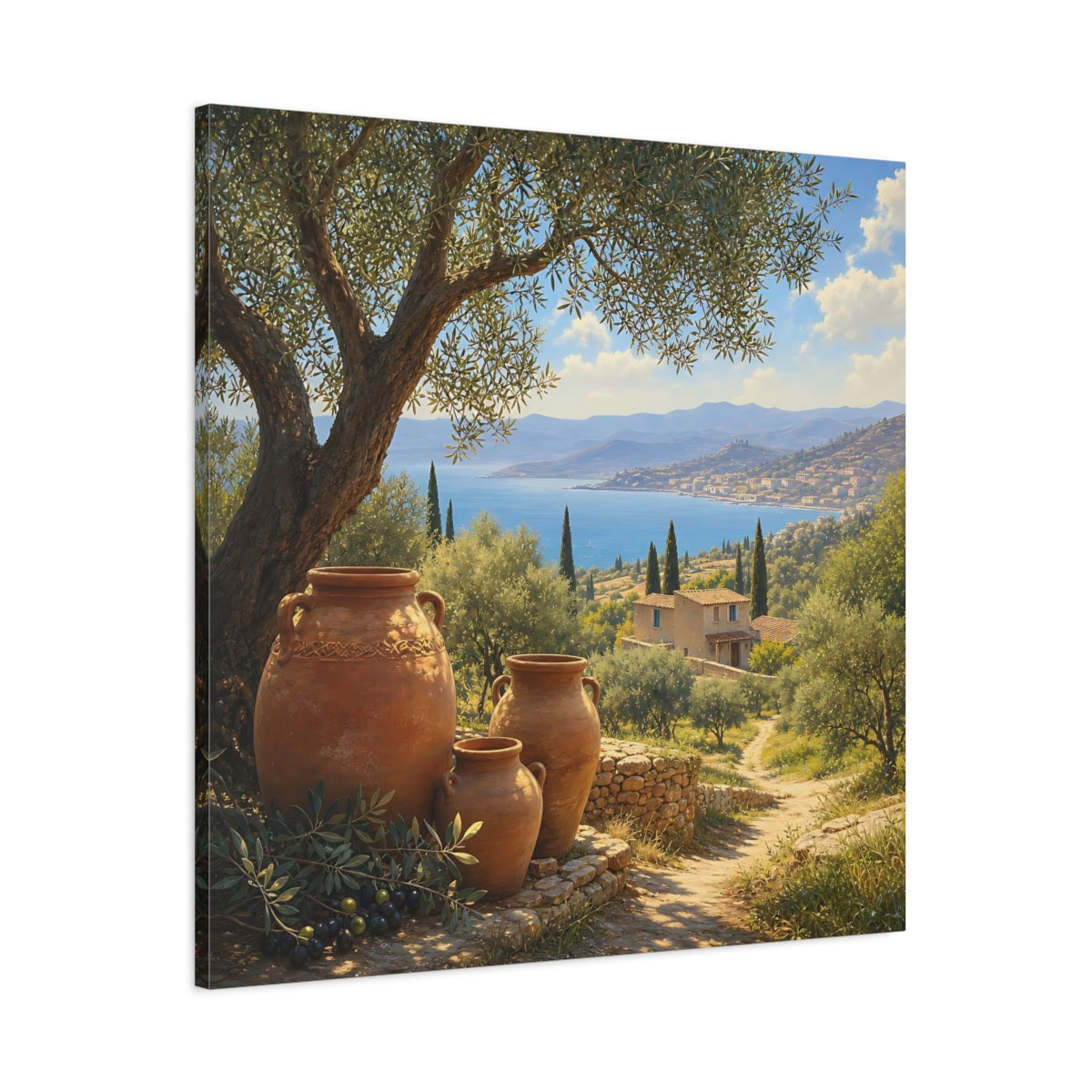 Main Mockup. Nature Olive Grove Green And Brown Landscape shown as stretched canvas wall art