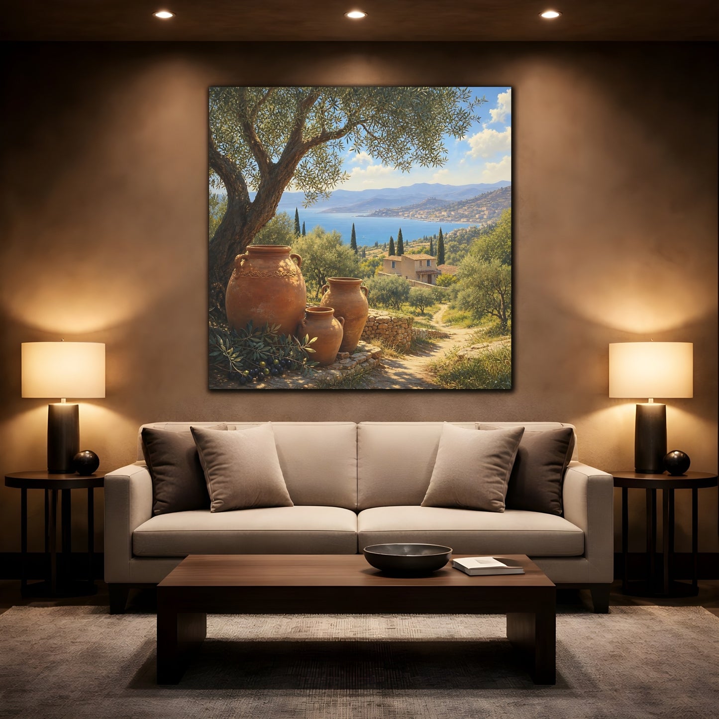 Mockup 2. Nature Olive Grove Green And Brown Landscape shown as stretched canvas wall art