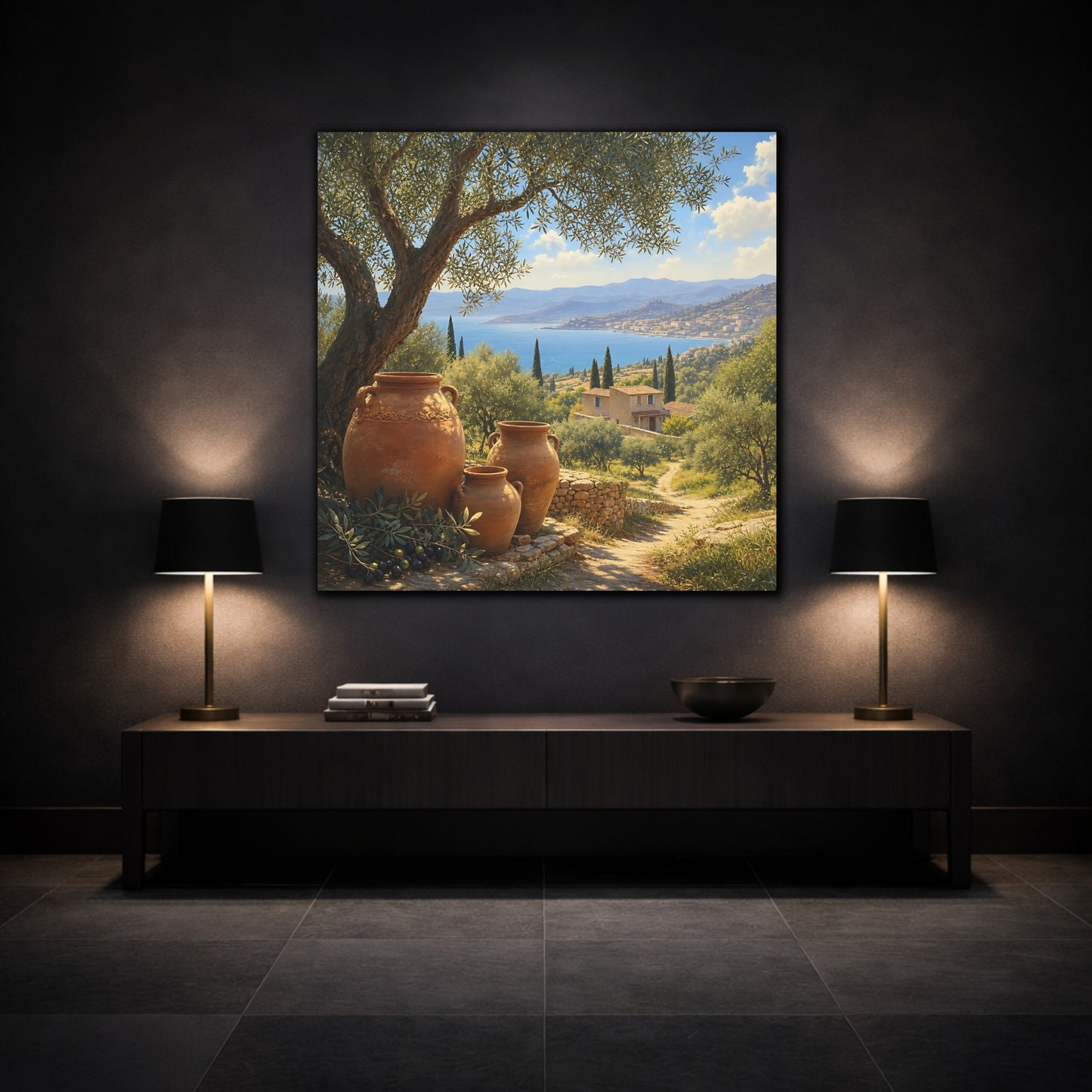 Mockup 3. Nature Olive Grove Green And Brown Landscape shown as stretched canvas wall art