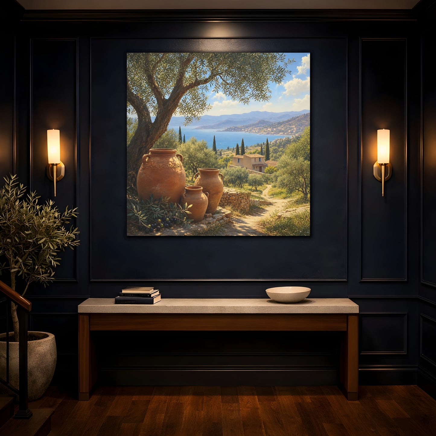 Mockup 4. Nature Olive Grove Green And Brown Landscape shown as stretched canvas wall art