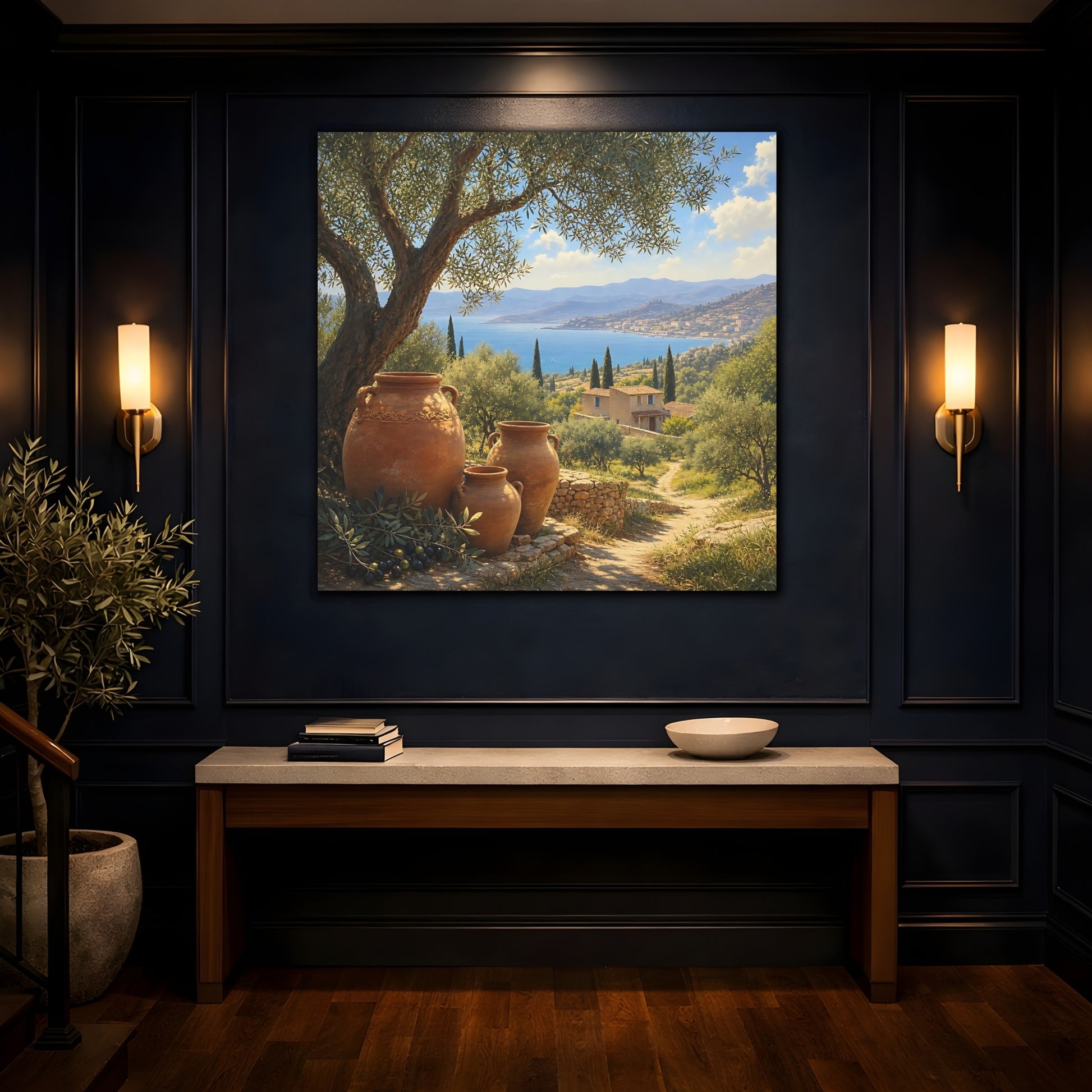 Mockup 4. Nature Olive Grove Green And Brown Landscape shown as stretched canvas wall art
