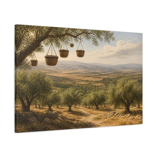 Main Mockup. Nature Olive Grove Green Landscape shown as stretched canvas wall art