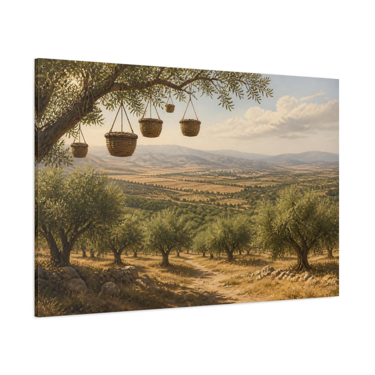 Side Mockup 1. Nature Olive Grove Green Landscape shown as stretched canvas wall art