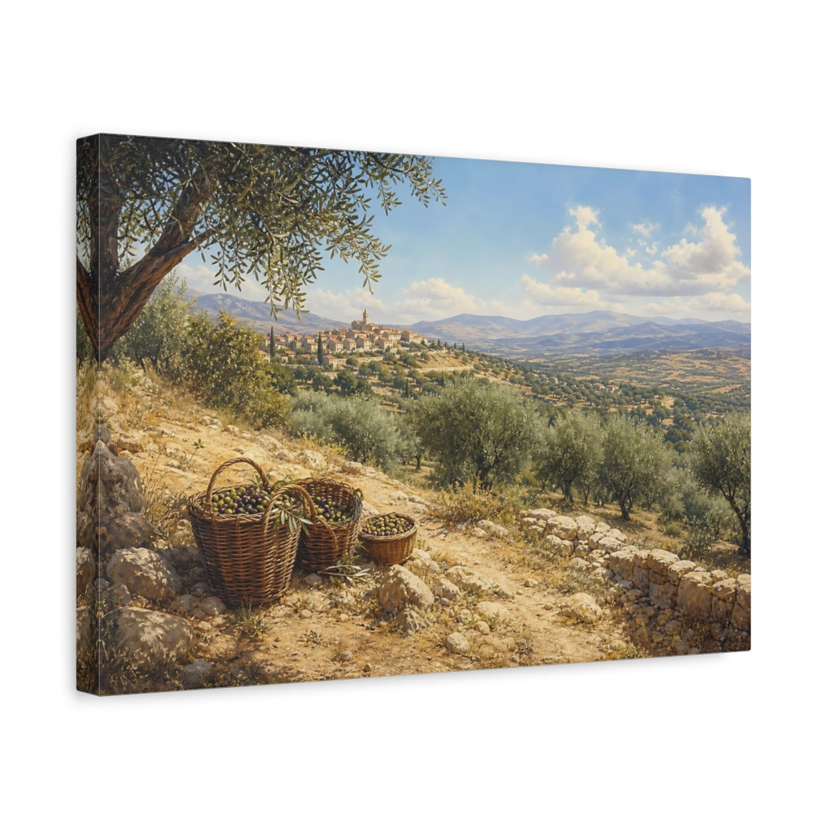 Side Mockup 4. Nature Olive Grove Mediterranean Landscape shown as stretched canvas wall art