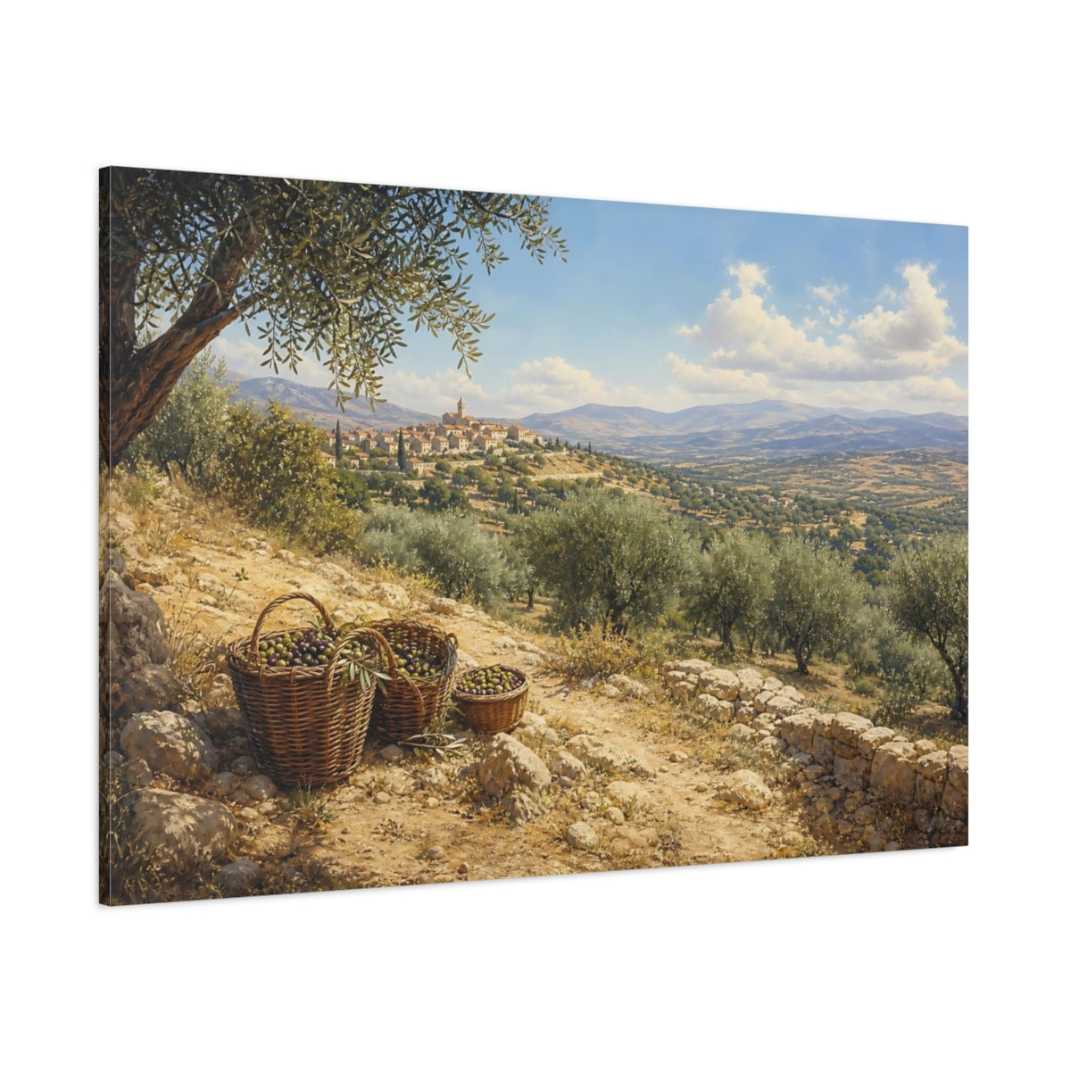 Side Mockup 1. Nature Olive Grove Mediterranean Landscape shown as stretched canvas wall art