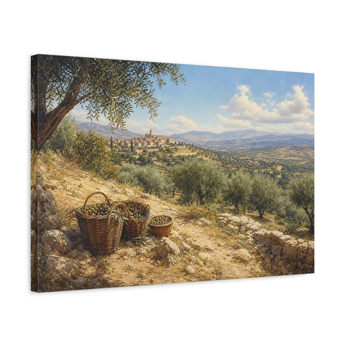 Side Mockup 3. Nature Olive Grove Mediterranean Landscape shown as stretched canvas wall art