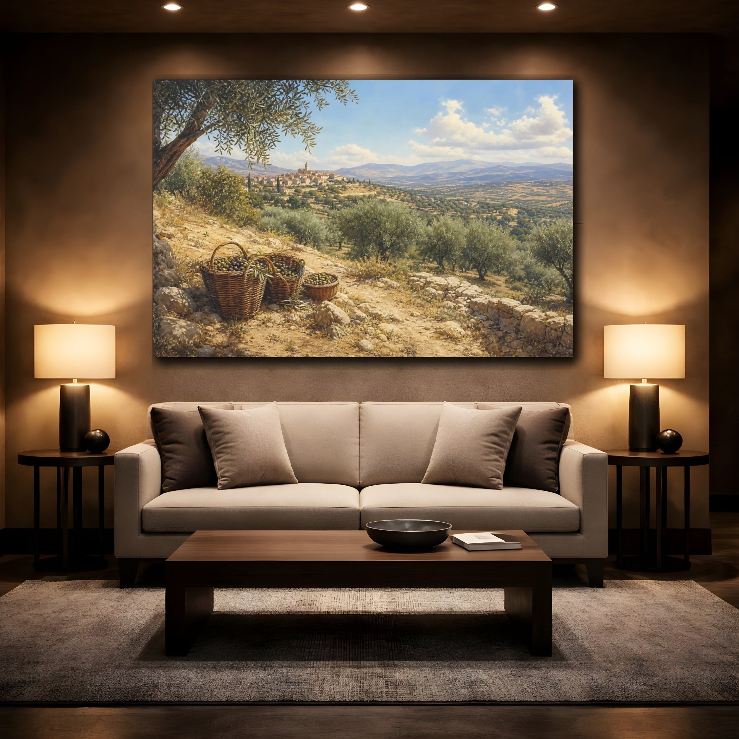 Mockup 2. Nature Olive Grove Mediterranean Landscape shown as stretched canvas wall art
